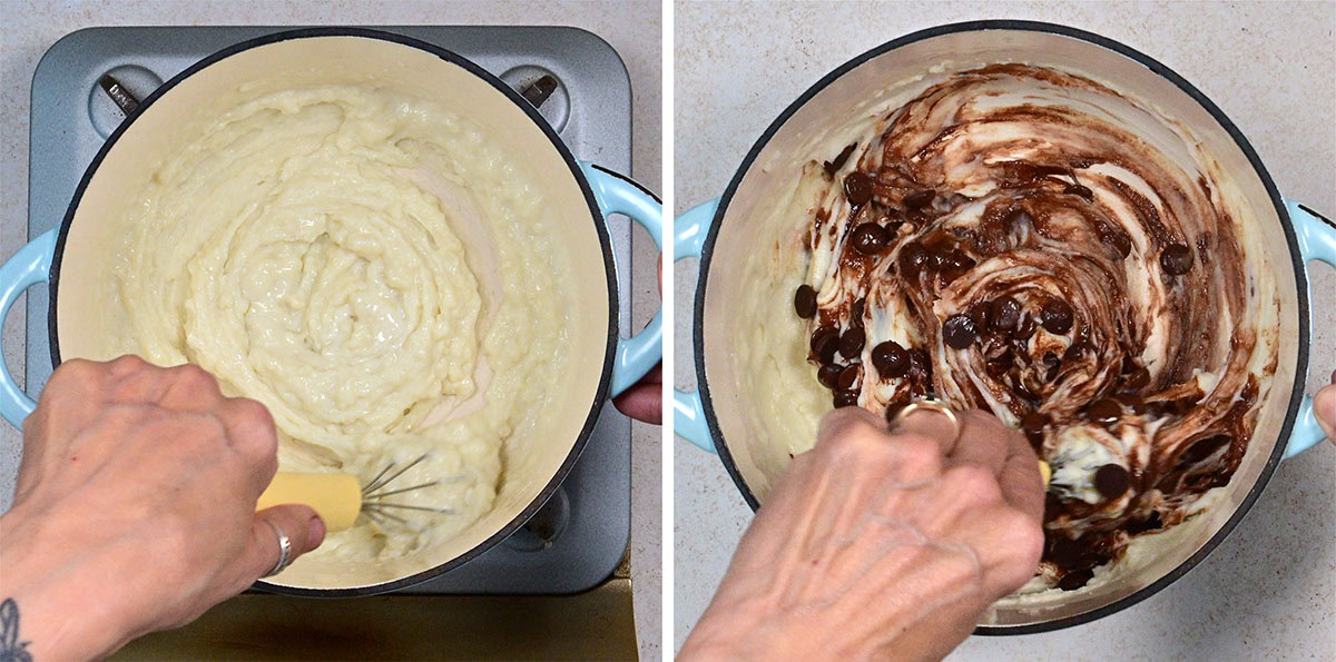 Two images side by side: On the left, a hand stirs a milk and flour in a pot on a stove; on the right, chocolate chips are being mixed into the same mixture with a spatula.