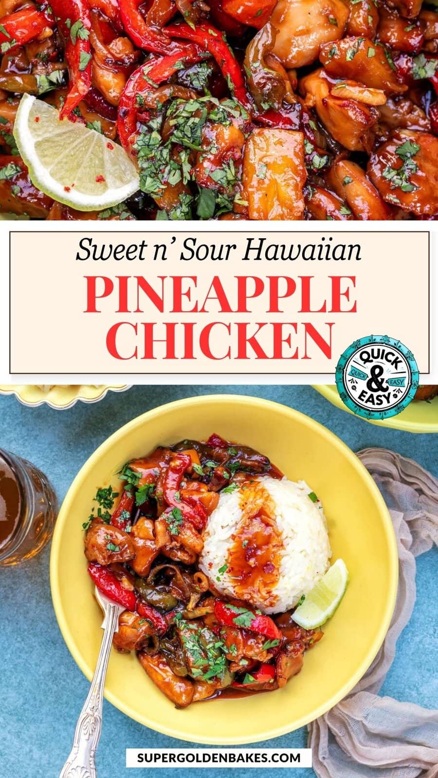 Overhead view of sweet and sour Hawaiian Chicken recipe with red peppers and herbs, served in a yellow bowl with rice, lime wedge, and a silver fork, with a drink beside it. Text overlay describes this flavorful Hawaiian Chicken dish.