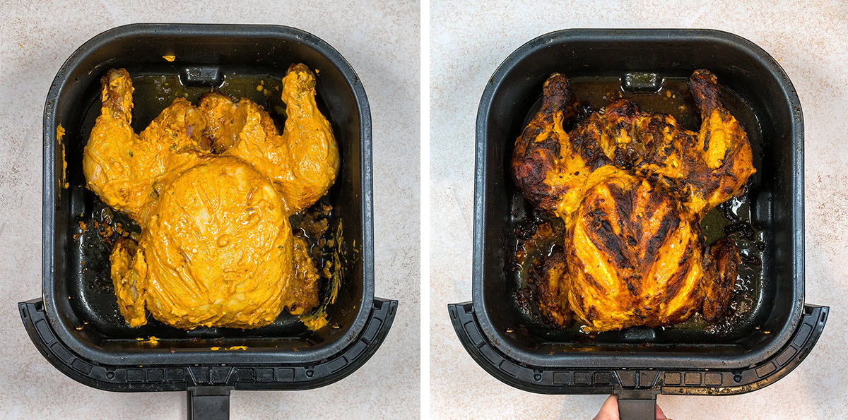 Side-by-side comparison of a whole marinated chicken in an air fryer basket: on the left, raw and coated in yellow marinade; on the right, fully cooked with a browned, crispy skin.