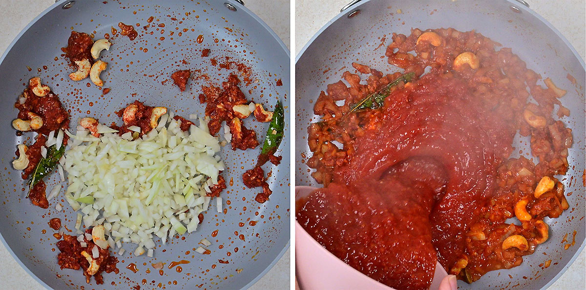 Two-panel image showing curry preparation: left pan has diced onions, cashew nuts, curry leaves, and red spice paste; right pan shows tomato purée being stirred into the spiced mixture.