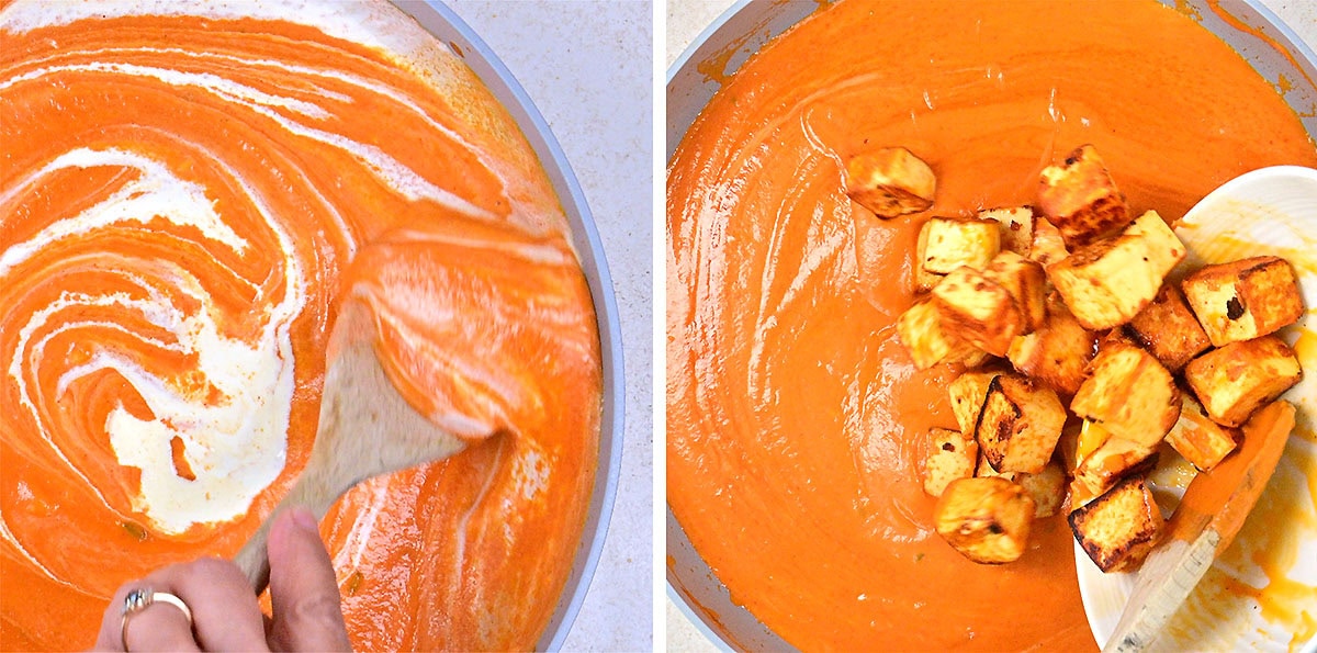 Split image: Left side shows a hand stirring cream into masala sauce; right side shows browned paneer cubes being added to the same creamy orange sauce in a pan.