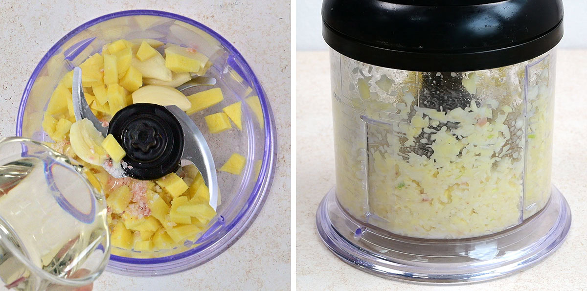 A food processor with chopped ginger, garlic, and other ingredients being blended; on the left, water is being poured in, and on the right, the mixture is finely chopped.