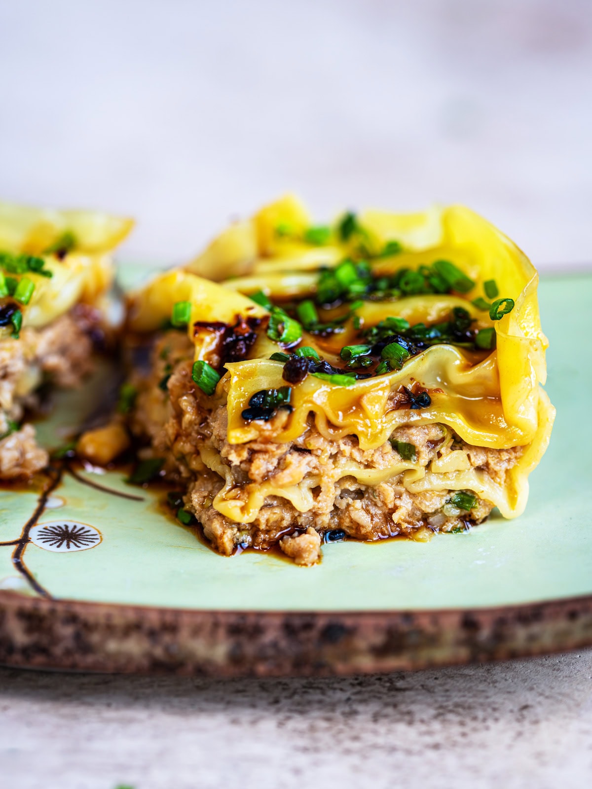 A close-up of a slice of dumpling lasagna with visible layers of wonton wrappers and juicy pork filling, garnished with chopped green chives on a rustic ceramic plate.