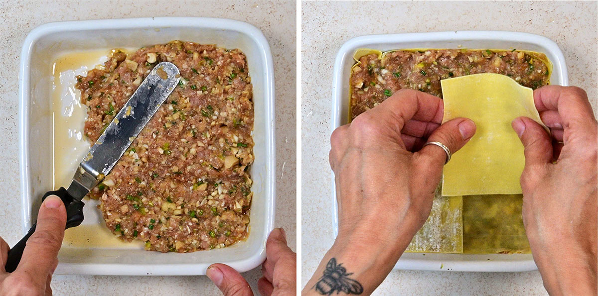 Two side-by-side images: on the left, a hand spreads pork meat filling mixture in a square baking dish using an offset palette knife; on the right, hands place a wonton wrappers over the mixture.