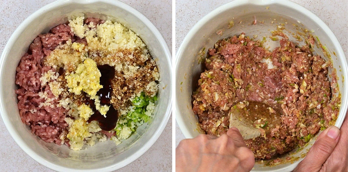 Two images side by side: On the left, raw minced pork, chopped vegetables, breadcrumbs, garlic, and sauces in a mixing bowl; on the right, these ingredients are mixed together with a spoon.