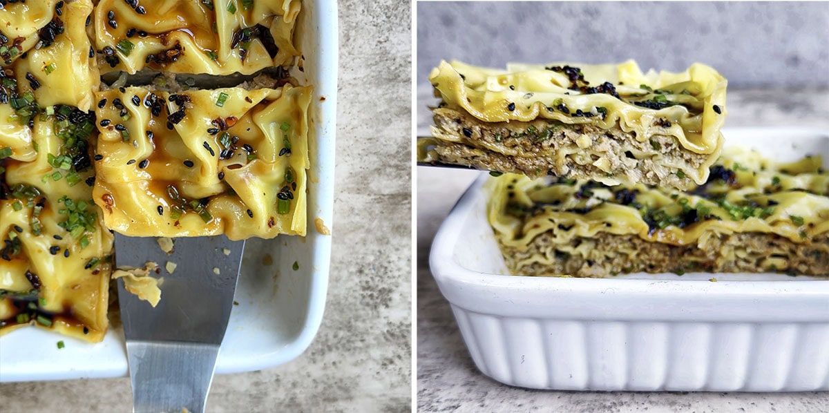 A close-up of a dumpling lasagna bake in a white dish, with one slice being lifted out to reveal layers of pasta and filling, garnished with herbs.