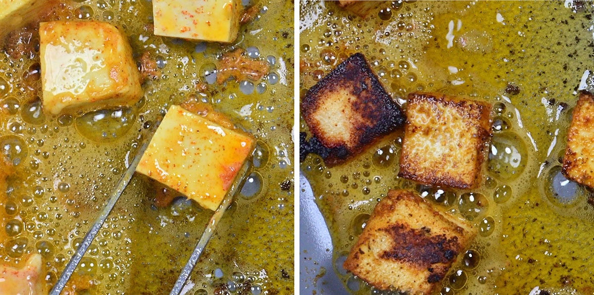 Two side-by-side images show cubes of paneer being fried in oil—on the left, paneer cubes are golden and lightly coated with spices, whilst on the right, they are more browned and slightly charred.
