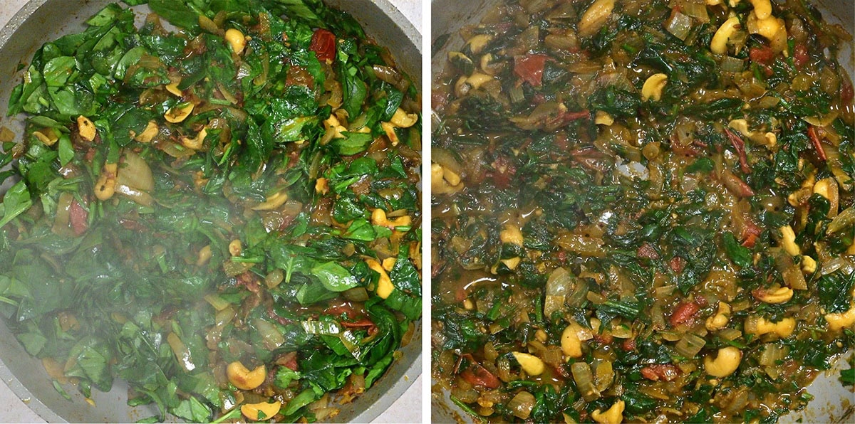 Two side-by-side images show a pan with spinach, cashew nuts, onions, and tomatoes being cooked. The left image shows the ingredients fresh, while the right shows them sautéed and mixed together.