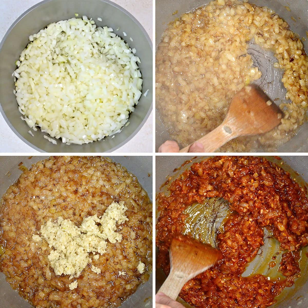 Four-panel image showing onions being cooked: Top left, raw chopped onions in a saucepan; top right, onions softening as they are stirred with a wooden spatula; bottom left, browned onions with crushed garlic added; bottom right, onions mixed with tomato purée.