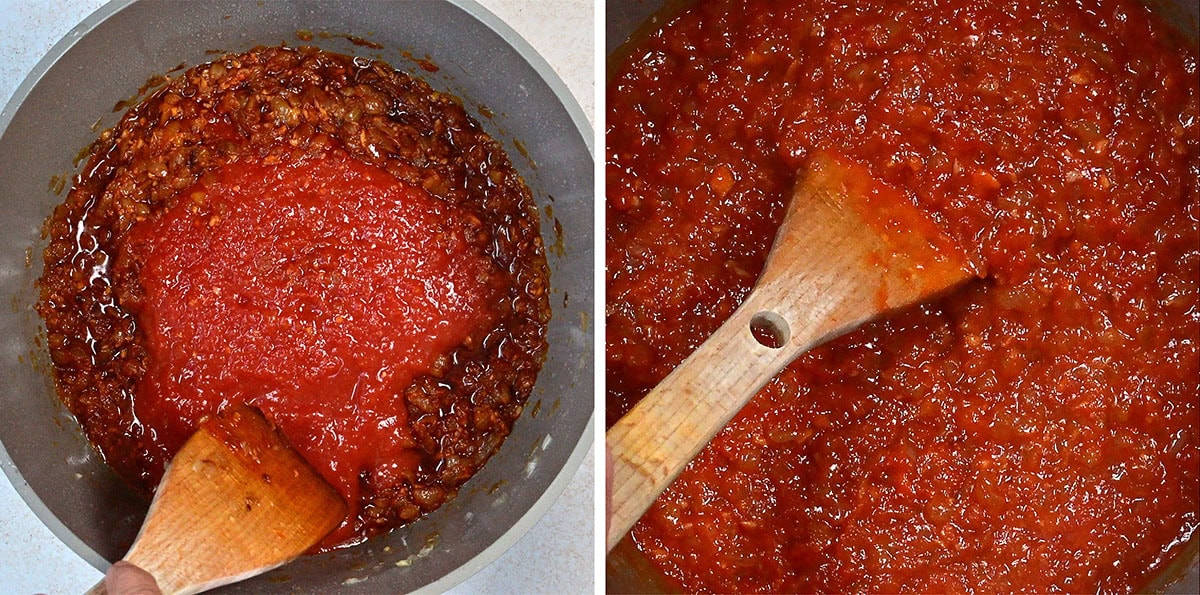 Two images: On the left, a saucepan with diced onions and tomato purée being stirred by a wooden spoon. On the right, the same saucepan with the sauce mixed together and thickened, also being stirred.
