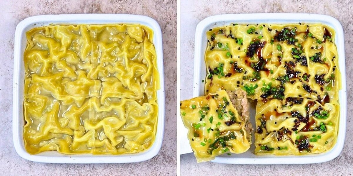 Side-by-side images of a baked pasta dish: on the left, uncooked dumpling lasagne noodles in a white square baking dish; on the right, baked, golden-brown lasagne topped with herbs and sauce, with one piece being served.