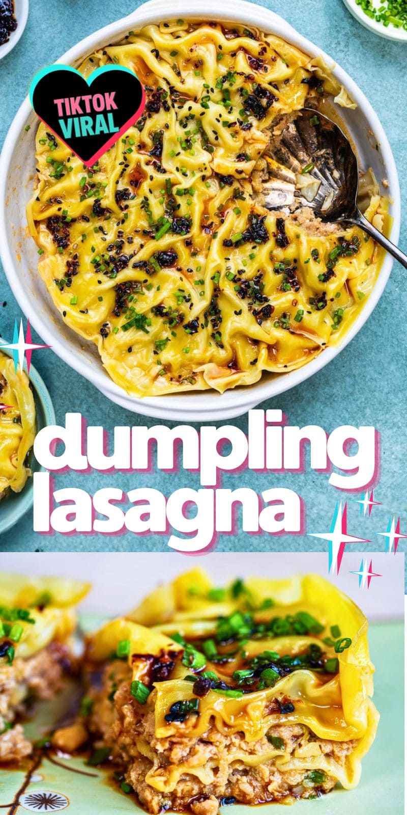 Overhead view of a dumpling lasagne with wavy noodle layers and chopped herbs. A serving is scooped out, revealing the cheesy layers up close with a fork. Text reads TikTok viral.