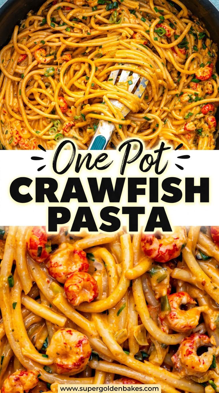 Close-up of creamy Crawfish Pasta in a frying pan, with a fork twirling thick noodles and succulent crawfish tails in a rich, orange sauce. Text overlay reads One-Pot Crawfish Pasta Recipe.