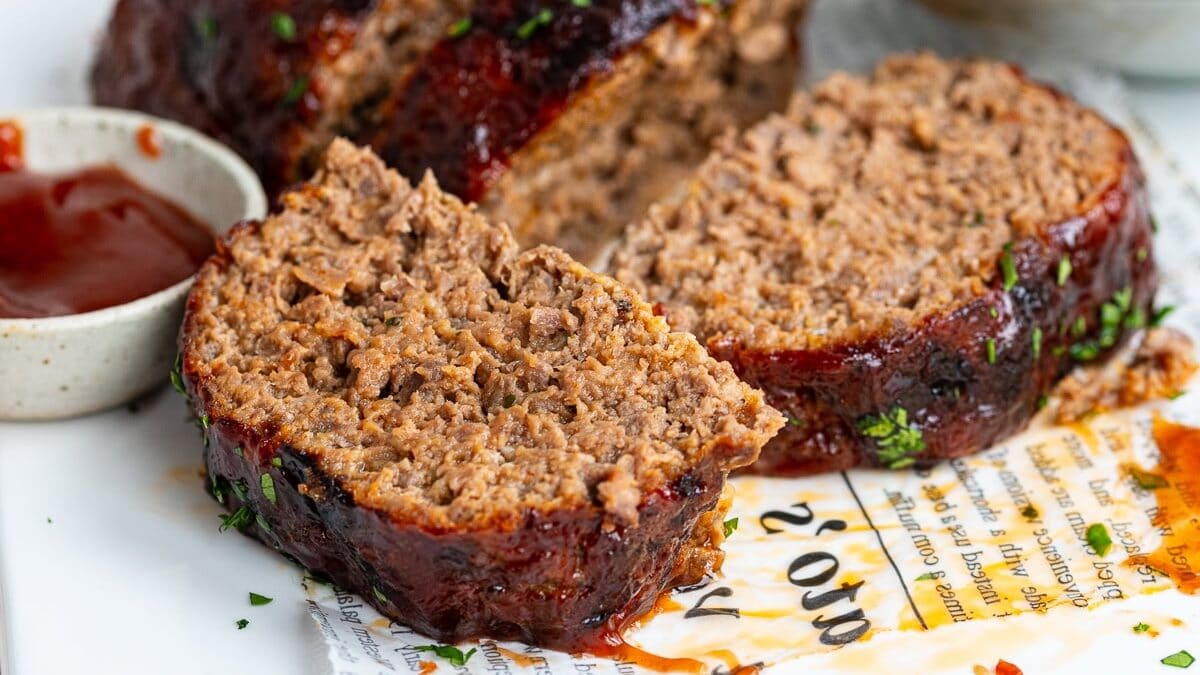 Two thick slices of glazed meatloaf are served on a white cutting board with a small dish of ketchup and a bowl of mashed potatoes in the background. Chopped herbs garnish the meatloaf.