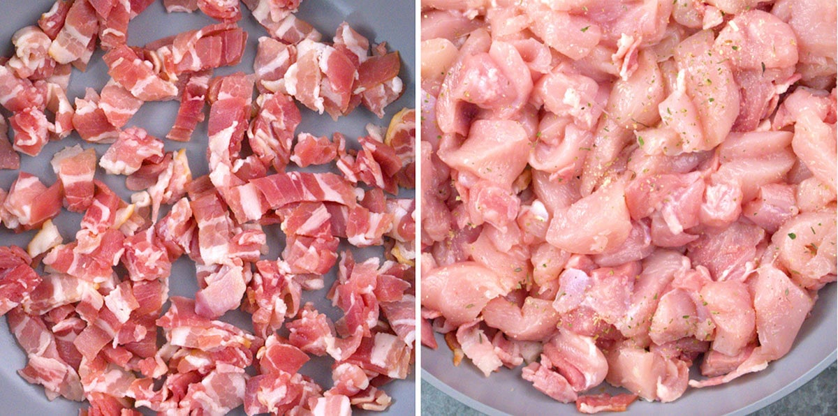 Side-by-side image showing chopped raw bacon on the left and diced raw chicken breast on the right, both in gray bowls.