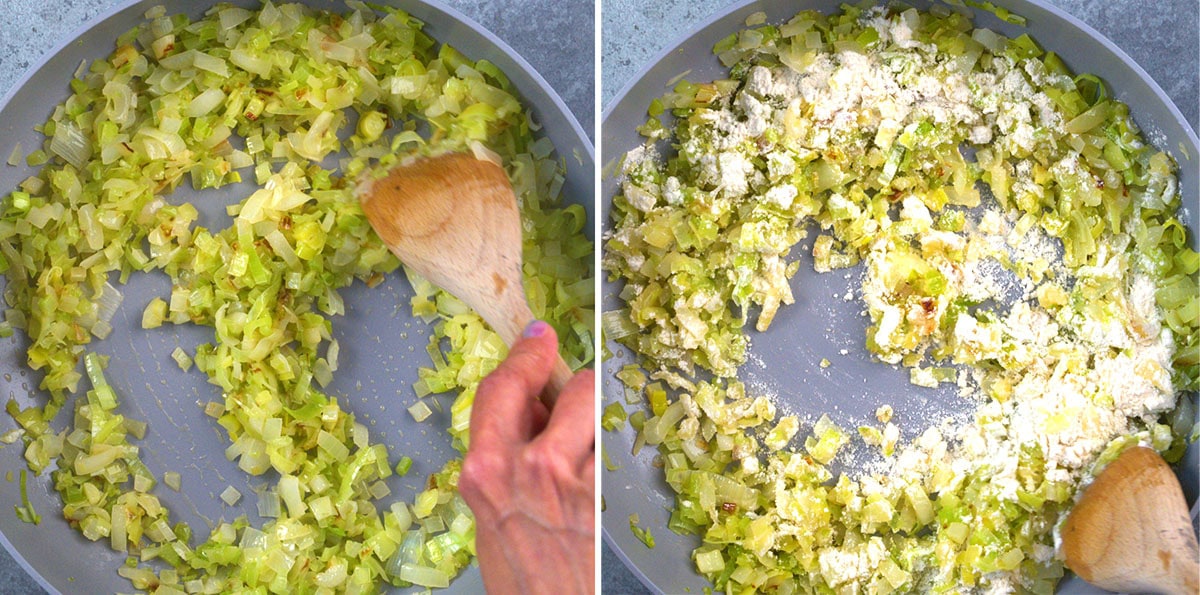 Side-by-side images showing chopped leeks being sautéed in a pan; the left side shows leeks cooking, and the right side shows flour being stirred in with a wooden spoon.