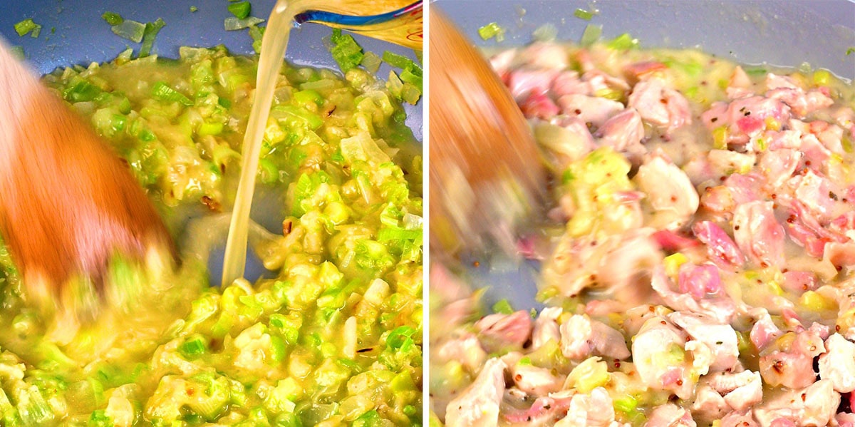 Side-by-side images showing a close-up of chopped vegetables and broth being stirred in a pan on the left, and pieces of raw chicken being mixed into the sautéed vegetables on the right.