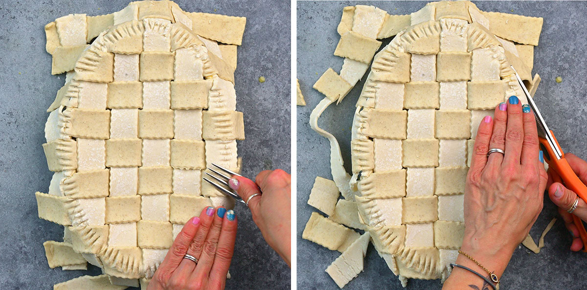 Two images show hands shaping a lattice pie crust. On the left, a fork presses the edges; on the right, scissors trim excess dough. Both images display the pie on a gray surface.