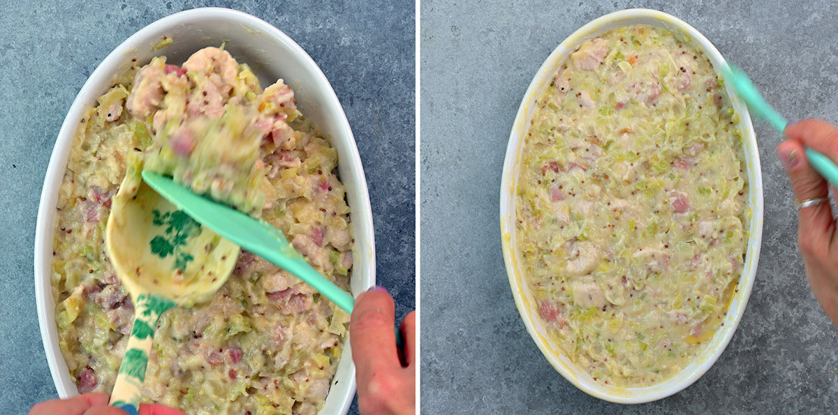 Two side-by-side images show hands mixing a creamy casserole with chunks of ham and vegetables in an oval white dish using a green spatula, on a gray tabletop background.