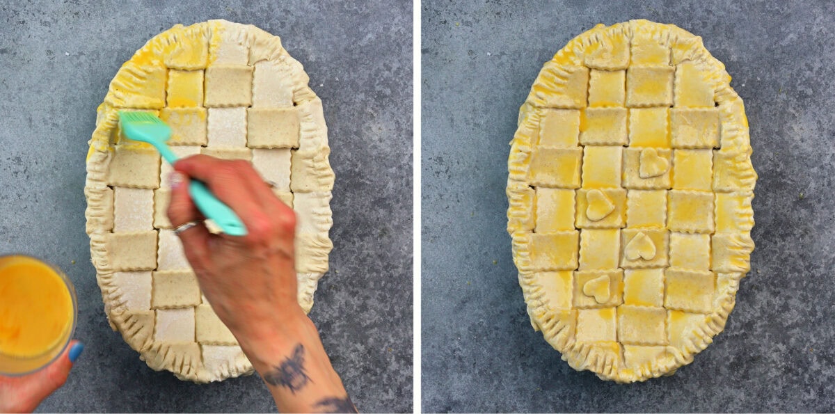 Two images side by side show a lattice-top pie. On the left, a hand brushes egg wash on the crust. On the right, the unbaked pie has an even egg wash and some small heart shapes cut into the top.