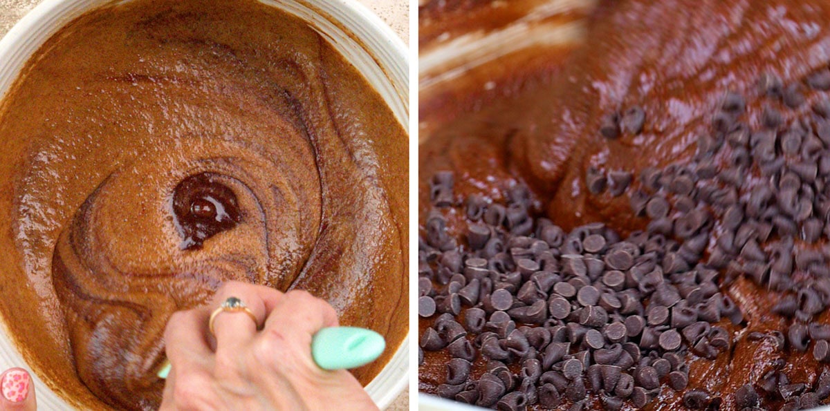 A hand stirs thick chocolate brownie batter in a bowl on the left; on the right, chocolate chips are scattered on top of the glossy batter.