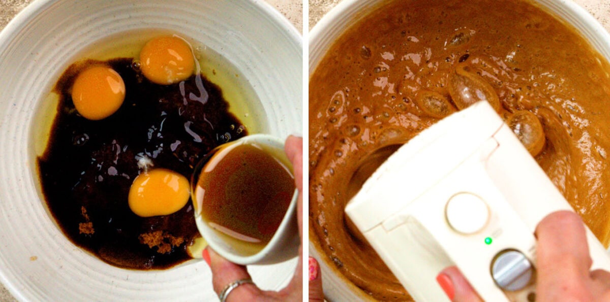 Left: Three eggs, liquid vanilla, and brown sugar in a mixing bowl. Right: A hand uses a hand mixer to blend the ingredients into a smooth, brown mixture.