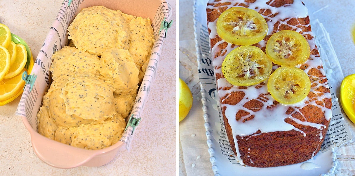 Side-by-side images: On the left, raw lemon poppy seed cake batter in a loaf pan. On the right, a baked lemon loaf topped with white icing and candied lemon slices on a glass tray, with lemon slices nearby.