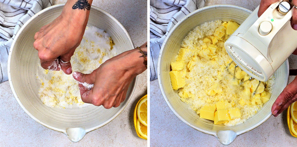 Two images side by side: On the left, hands mix flour and sugar in a bowl. On the right, an electric mixer blends chunks of butter into the flour and sugar mixture. Lemon slices and a striped towel are nearby.
