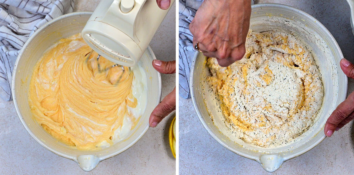 Two side-by-side images show hands mixing cake batter in a white bowl—on the left with an electric mixer, and on the right with a spoon, incorporating dry ingredients. A striped towel is partially visible in the background.