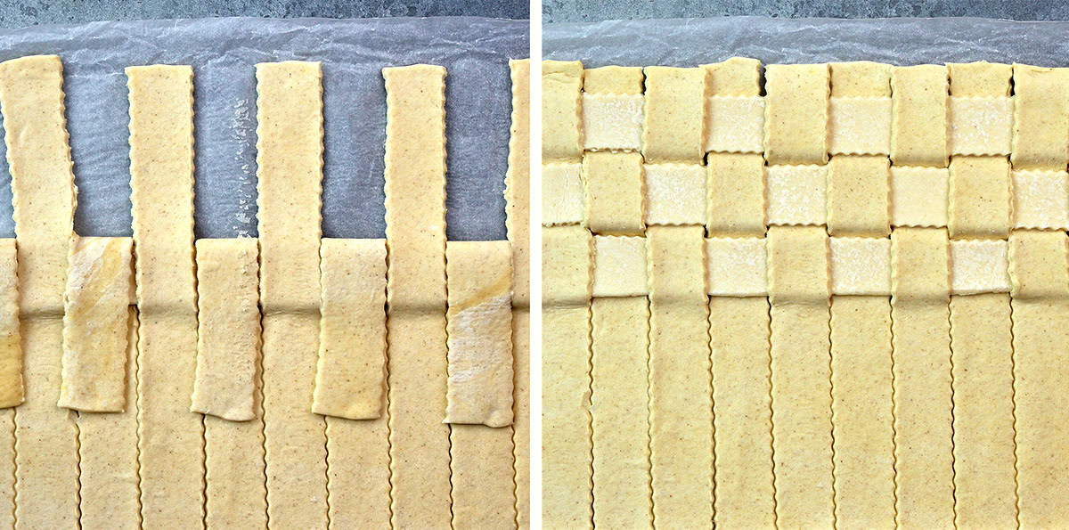 Side-by-side photos showing strips of dough being woven into a lattice pattern. The left shows the weaving process in progress, while the right shows the completed woven lattice on parchment paper.