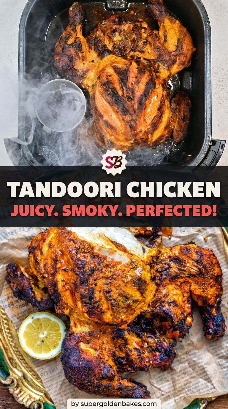 A whole Tandoori Chicken cooked in an air fryer is shown above, with steam rising off it. Below, the spiced Tandoori Chicken is served on a platter with lemon slices. Text: Tandoori Chicken. Juicy. Smoky. Perfected!.
