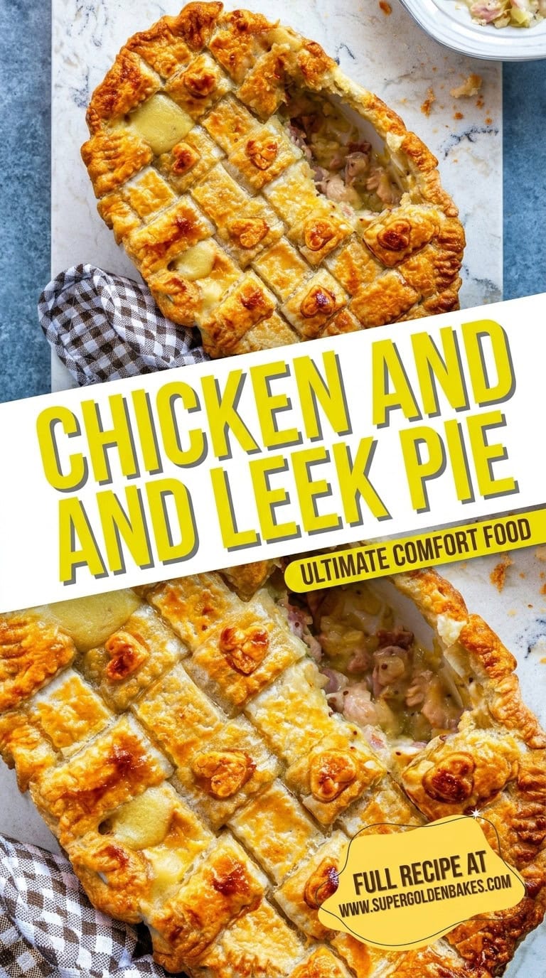 Golden-brown chicken and leek pie with lattice crust, partially sliced to reveal its creamy filling. Text overlays read “CHICKEN AND LEEK PIE—ULTIMATE COMFORT FOOD” and “FULL RECIPE AT WWW.SUPERGOLDENBAKES.COM.”.