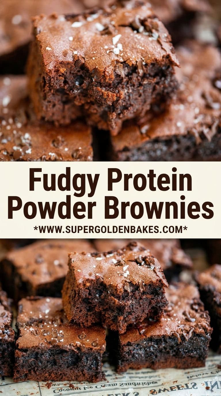 Close-up of thick, fudgy Protein Brownies stacked high and sprinkled with sea salt. Text in the center reads “Fudgy Protein Powder Brownies” with a website link below.