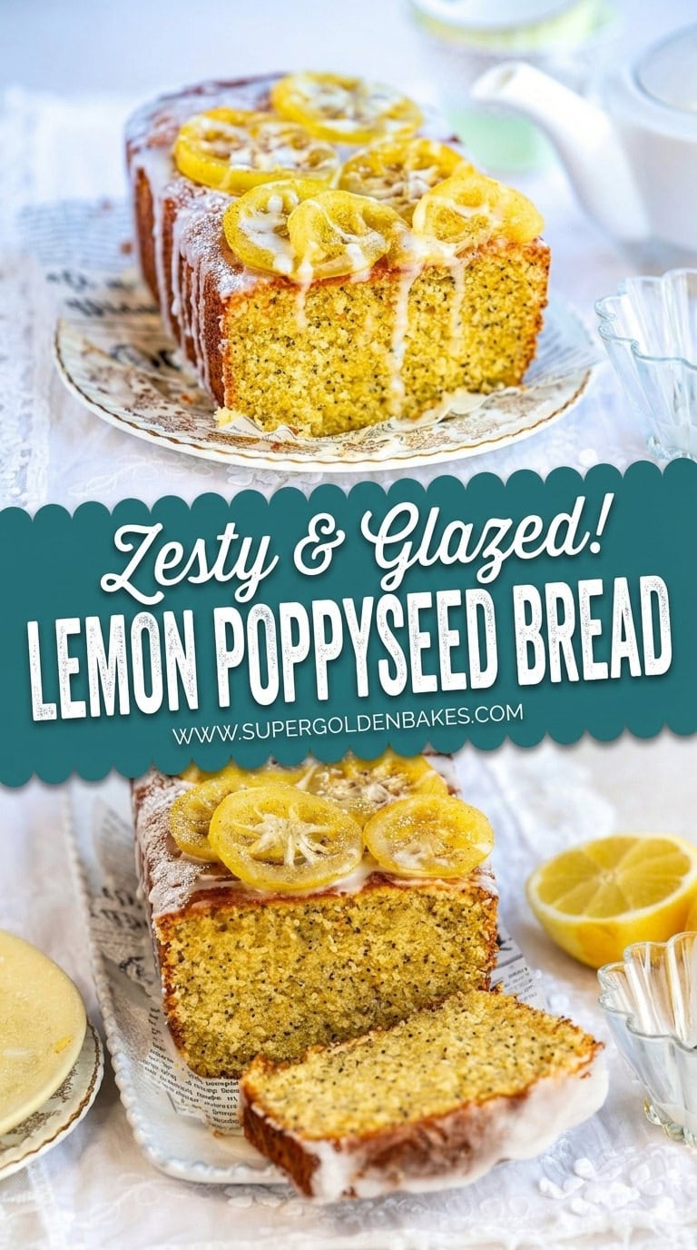 A loaf of Lemon Poppyseed Bread topped with glazed lemon slices and icing is sliced and served on plates. The text reads: Zesty & Glazed! Enjoy homemade Lemon Poppy seed Bread.