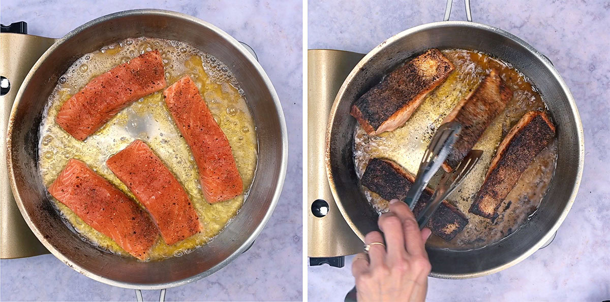 Side-by-side images showing salmon fillets being pan-seared in a skillet. The left image shows raw salmon cooking in bubbling oil; the right shows a hand using tongs to flip browned fillets.