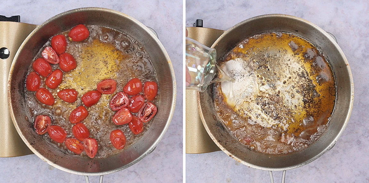 Two images of a metal skillet: the left shows halved cherry tomatoes sautéing in brown sauce; the right shows liquid being poured into the empty skillet with browned bits and residue left behind.