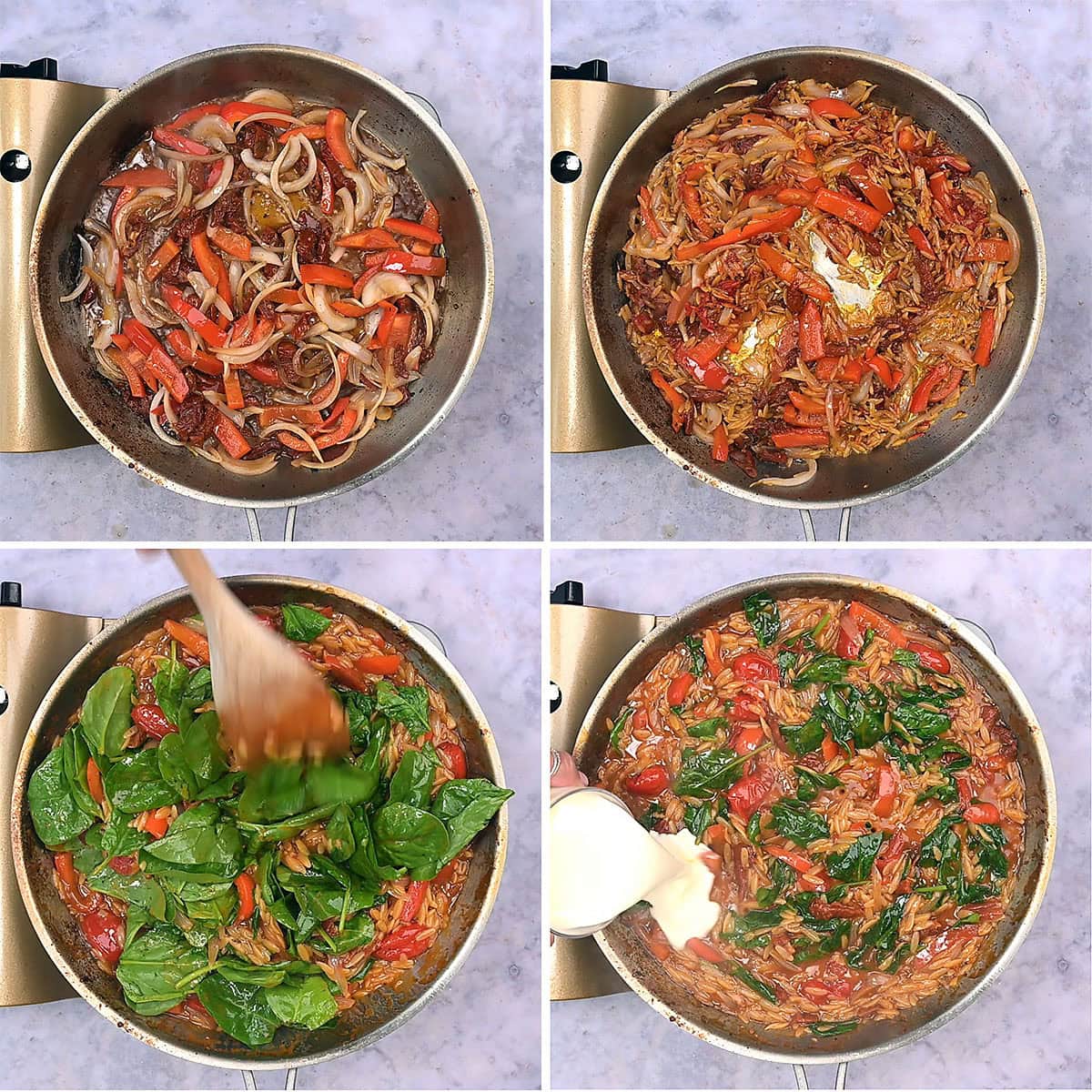 Four images show the cooking process for Cajun Salmon Orzo: sautéing onions and red peppers, adding spices, stirring in fresh spinach, and pouring cream over a tomato-based mixture.
