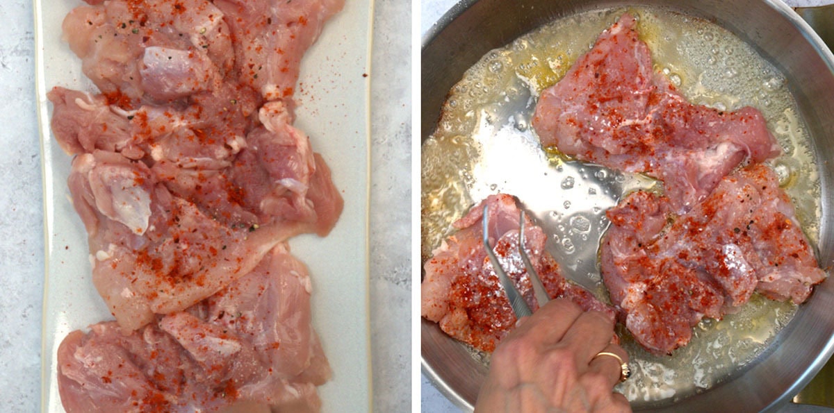 Raw seasoned chicken thighs on a tray in the left image; in the right image, the chicken is being cooked in a pan with melted butter, with a hand turning a piece using tongs.