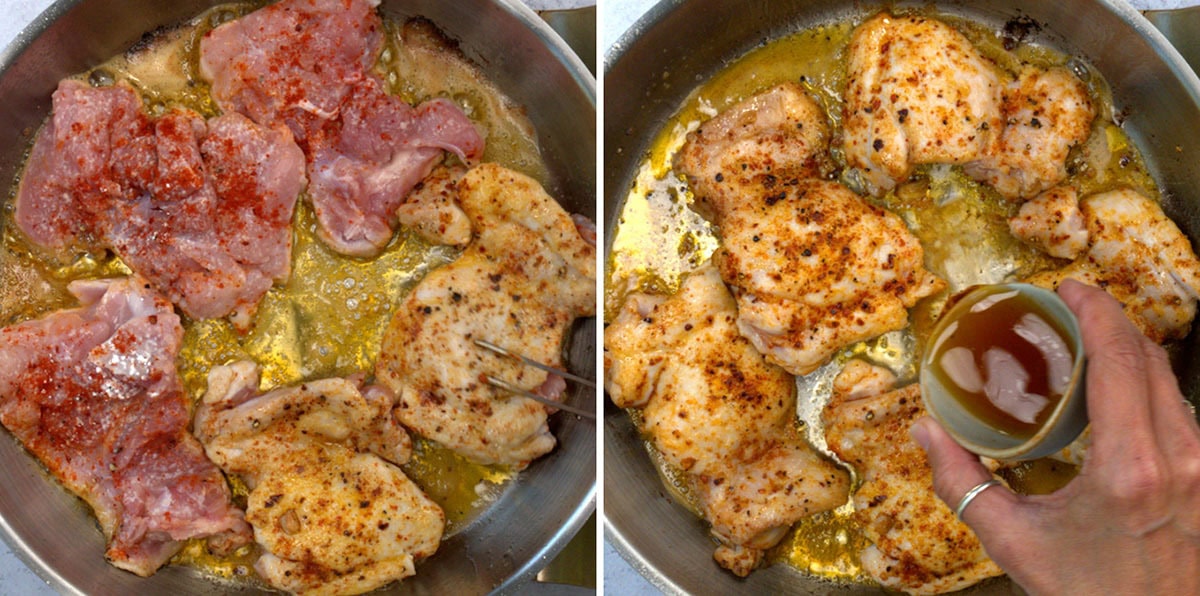 Two side-by-side images show chicken thighs cooking in a skillet. The left side shows raw, seasoned chicken in butter; the right shows browned chicken as a hand pours liquid from a small glass over the meat.