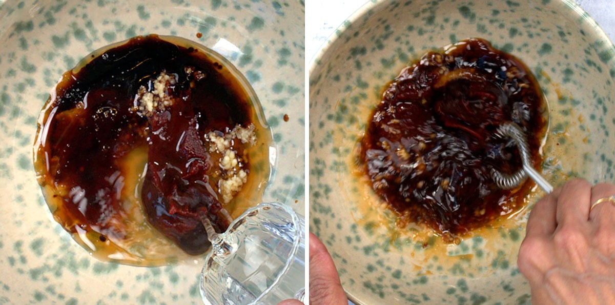 Two side-by-side images show a bowl with dark sauce, minced garlic, and water being poured in (left), and the mixture being whisked together by hand (right).
