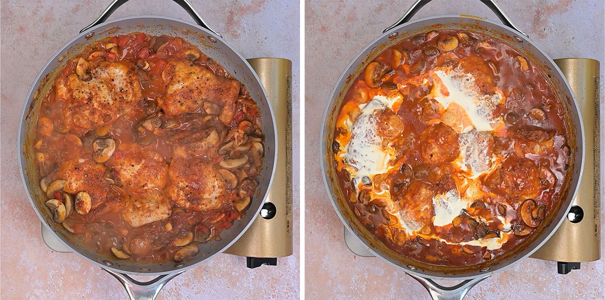Side-by-side images of a skillet with chicken, mushrooms, peppers simmering in stock. The left shows the dish before cream is added; the right shows cream swirled into the sauce, creating a richer color and texture.