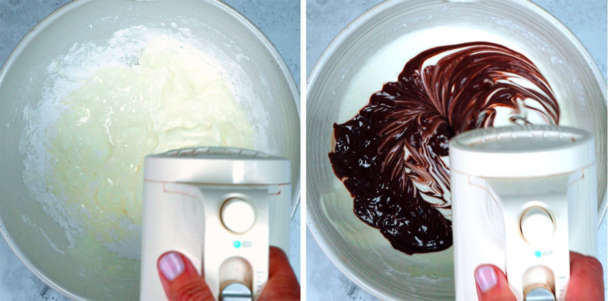 Two images side by side: a hand holding a hand mixer blending a mascarpone and cream in a bowl (left), and then blending in chocolate swirls into the same mixture (right).