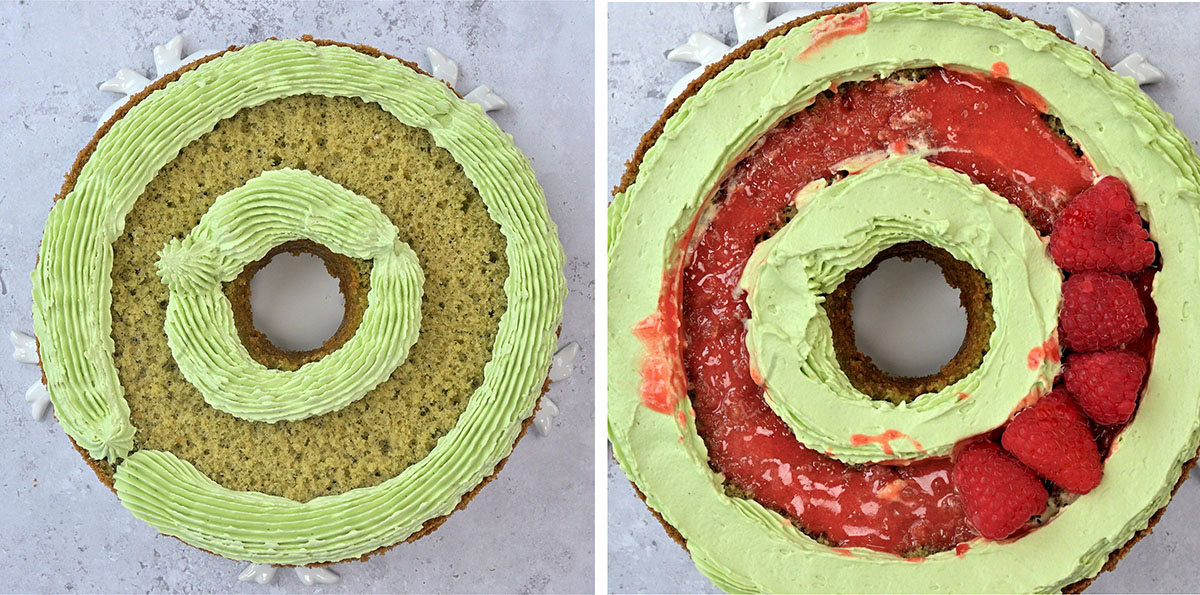 Two images show a halved green tea chiffon cake. The left cake has green frosting piped in rings. The right cake has green frosting, a layer of strawberry glaze, and fresh raspberries on one side.