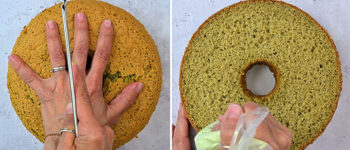 Two images: On the left, a hand slices a ciffon cake horizontally with a long knife. On the right, frosting is being piped onto the cut surface of the cake, which has a hole in the center.