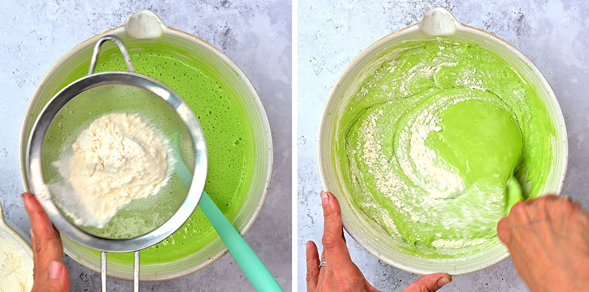 Two-panel image: On the left, flour is being sifted into a bowl of green batter. On the right, hands use a spatula to mix the flour into the green batter in the same bowl.