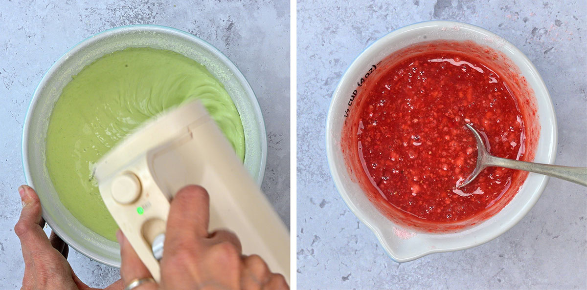 Split image: on the left, a hand uses an electric mixer to whip matcha cream in a bowl; on the right, a bowl of red strawberry glaze is being mixed with a spoon.