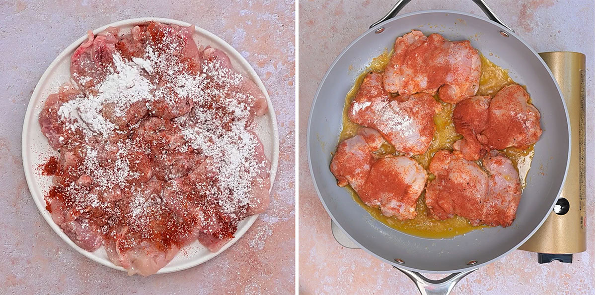 Side-by-side images: on the left, raw chicken pieces coated with cornstarch, paprika and seasoning on a plate; on the right, the coated chicken is being cooked in a skillet with oil.