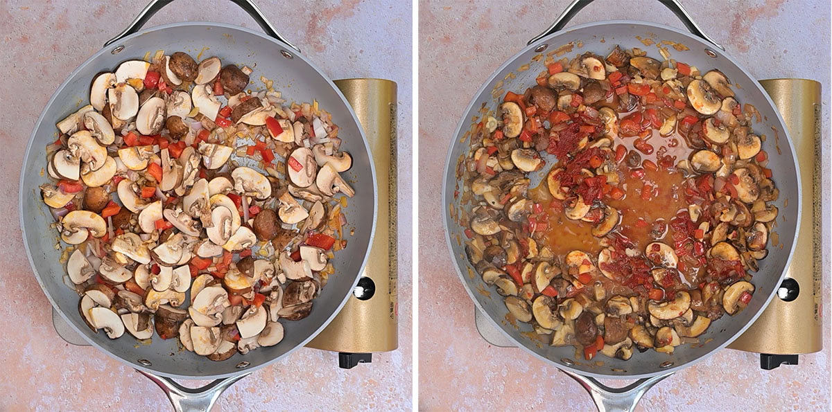 Side-by-side images of a skillet: the left shows sliced mushrooms, red bell peppers, and shallots being sautéed; the right shows the same mixture cooked down with added wine, appearing softer and more blended.