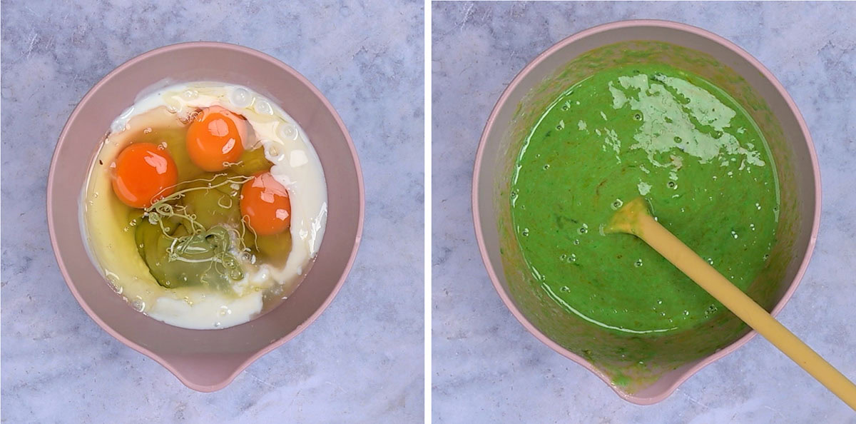 Side-by-side images: left shows a mixing bowl with eggs, pistachio cream, and buttermilk; right shows the same bowl with a smooth, bright green mixture being stirred by a yellow spoon.