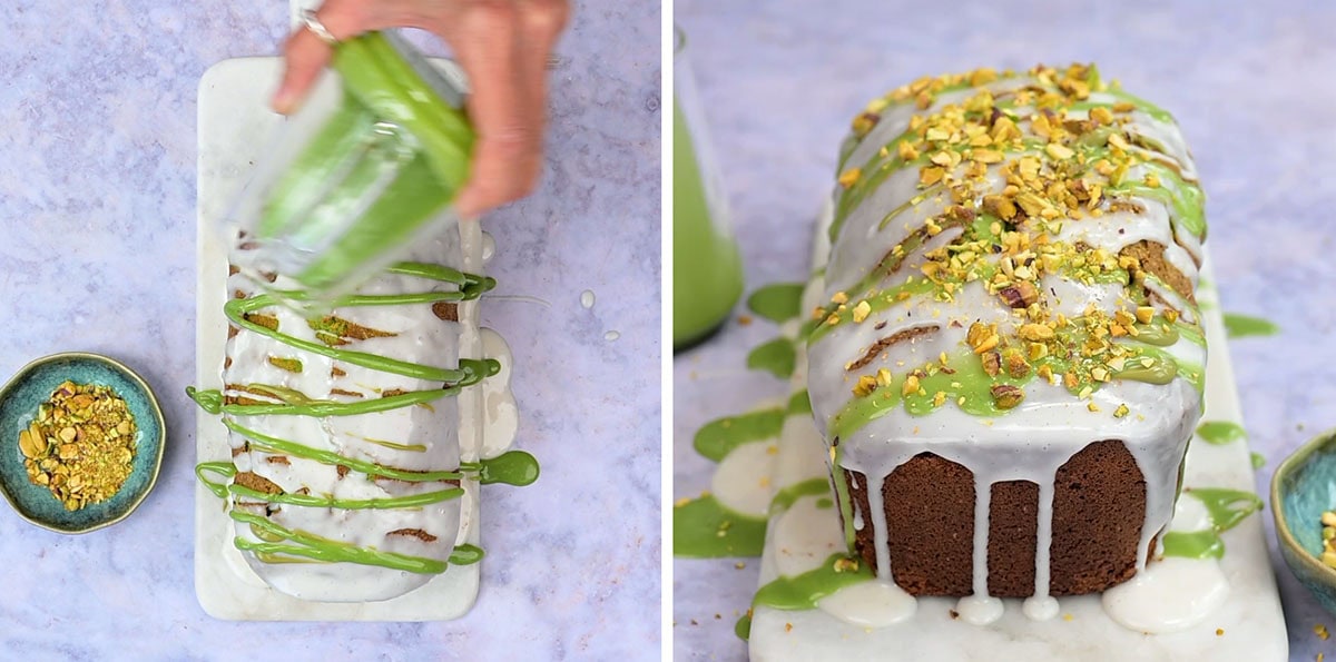 Split image: On the left, a hand drizzles green icing over a pistachio bread with white glaze. On the right, the decorated cake is topped with chopped pistachios and green icing, placed on a marble board with a bowl of nuts nearby.